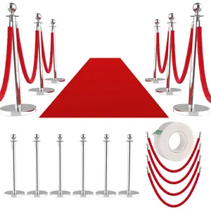 Silver Crowd Control Stanchions 8PCS with 6 Velvet Ropes & 26FT Red Carpet, Stainless Steel Post and Filled Base, Retractable Safety Barriers for Hotel, Wedding, Theater, Event