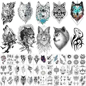 50 Sheets Forearm Half Sleeve Wolf Temporary Tattoos for Men Women Adults Fake Tattoos 3D Large Tribal Wolf Coyote Fake Tattoo Stickers Black Realistic Animals Art Tattoo