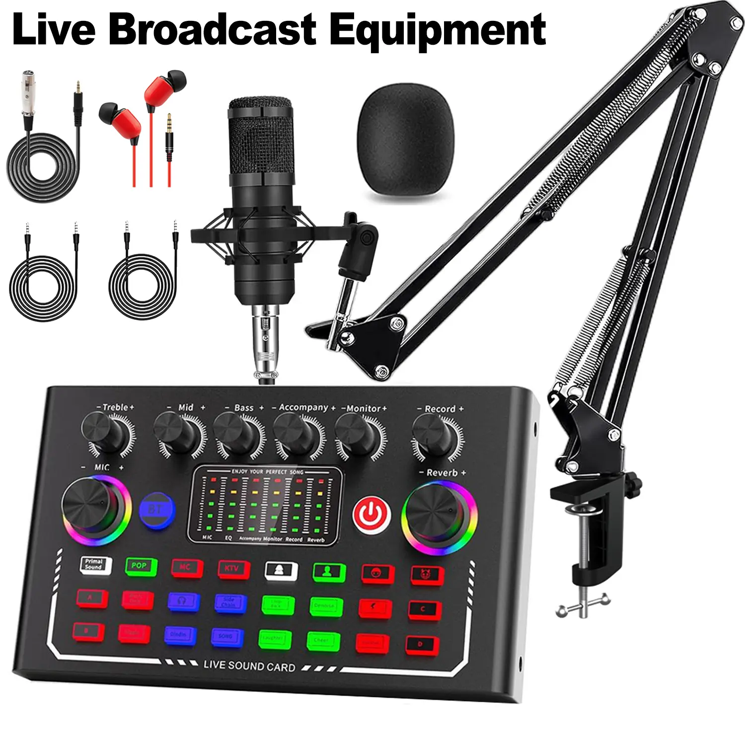 Professional Live Sound Card Audio Mixer & Interface Kit with BM800 Podcast Microphone, Dual DSP Chips, Cable, Wireless Compatibility, Android Support, DJ Effects for Vlog Streaming, Podcasting