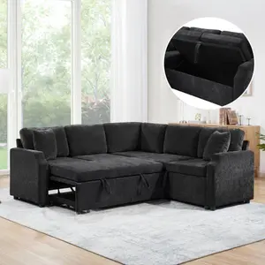 Sectional Sofa Bed L-Shaped Sectional 81.9" Upholstered L-Shaped Sofa with a Sofa Sleeper and a Hidden Storage Compartment for Living Room, Black