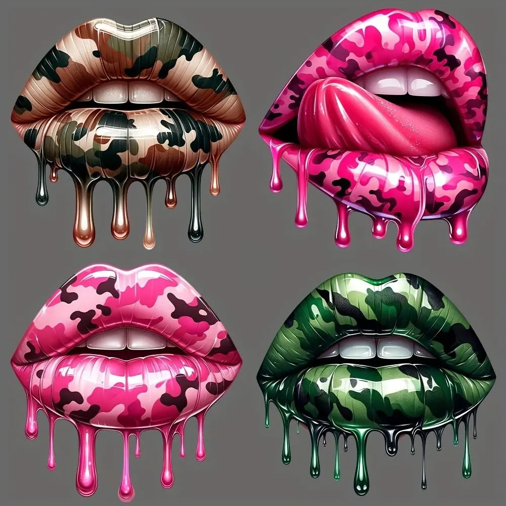 Camouflage Lip DIY Crafts Iron-On Transfer, Washable Heat Sublimation Sticker, Suitable for T-Shirts, Masks, Jeans, Backpacks Plastic Patches DIY Products