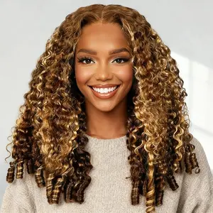 OQ HAIR 9x6 Highlight Brown Burmese Curly Glueless Wig 220% Density Pre-Everything Wear Go Human Hair Wigs With Drawstring 4/27 Pre Colored Beginner Friendly Wigs