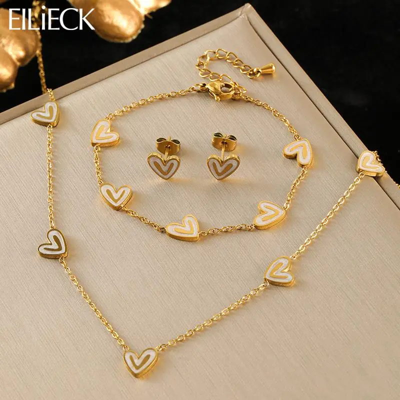EILIECK 316L Stainless Steel Creative Heart Necklace Bracelet Earrings Set For Women Fashion Gold Color Waterproof Jewelry Gift