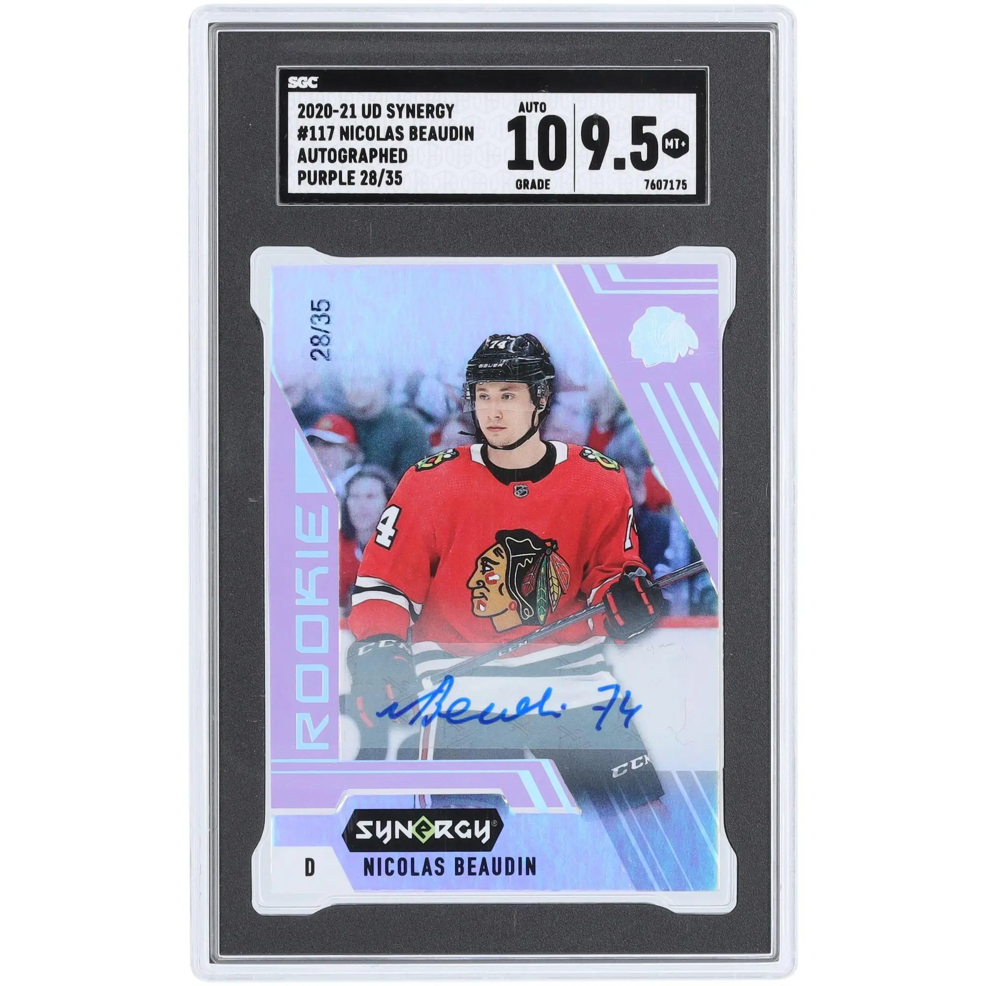 Nicolas Beaudin Chicago Blackhawks Autographed 2020-21 Upper Deck Synergy Purple #117 #28/35 SGC Authenticated 9.5/10 Rookie Card - NHL Auctions Exclusive - Fanatics Authentic Certified