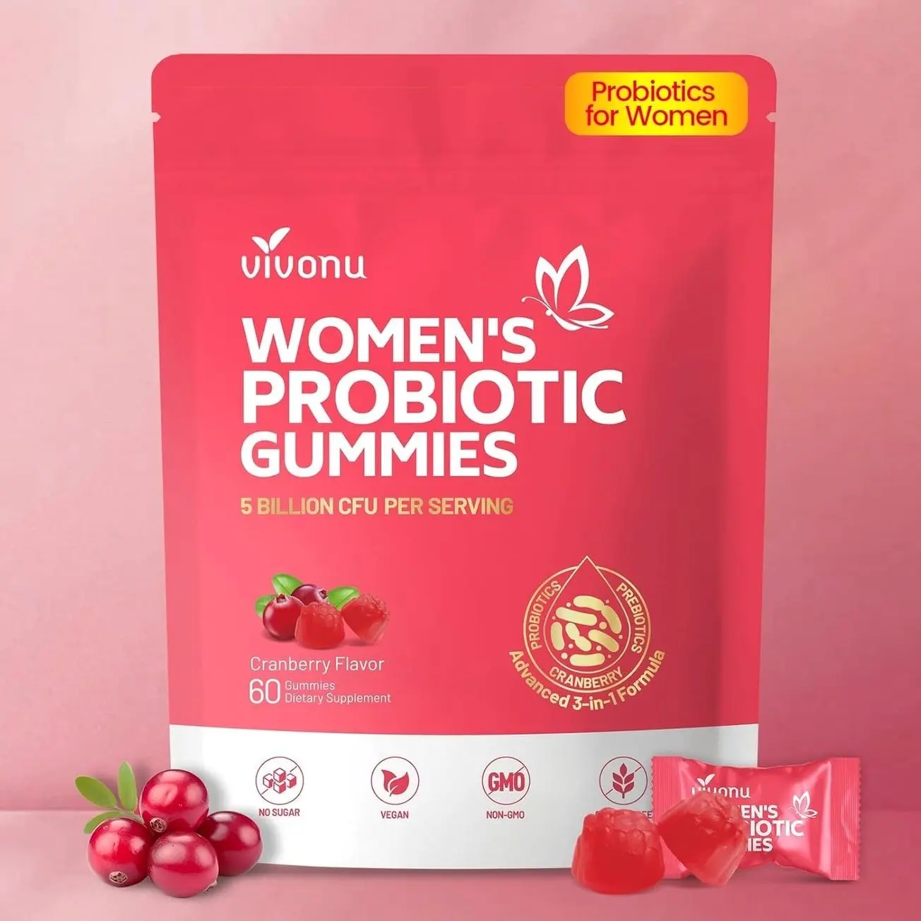VivoNu Viginal Probiotics for Women, Women Probiotic Gummies, Feminine Balance Gummies, Prebiotic Gummy, Cranberry Probiotics for Woman Vaginigal Health, Yeast Ph Balance| 60 Gummies