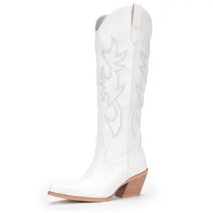 Women's Western Cowboy Boots -Wide Calf Knee-High Cowgirl Boots with Classic Embroidery, Slip-On Pointed Toe, Chunky Heel, Retro Fashion Tall Boots for Fall & Winter