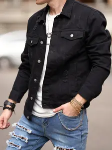2026 Hot Selling New Men's Denim Jacket, Solid Color Street Style Slim Fit Distressed Casual Jacket, Men's Outerwear, Lapel Long-Sleeved Jacket