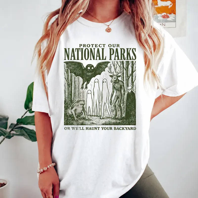 Women's 100% Pure Cotton Short-Sleeve Printed Classic Fit Fitted Halloween Theme T-Shirt - Protect Our National Parks, Cryptidcore, Park-Lover Tee, Hiking Gift, Comfy Outfit