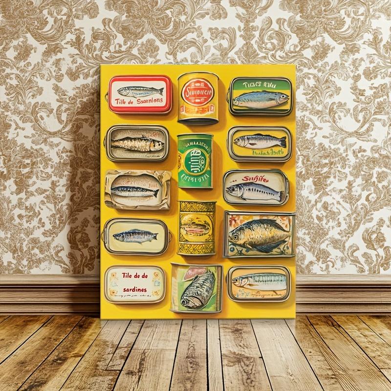 Vibrant Sardine Can Art Canvas Print - 30.48x 40.64cm Colorful Seafood Can Illustration Framed Wall Decoration, Yellow Background, Perfect for Kitchen, Living Room or Breakfast Nook, Vibrant Character Art Style Home Decor, Sardine Decoration, 2D Flat, Per