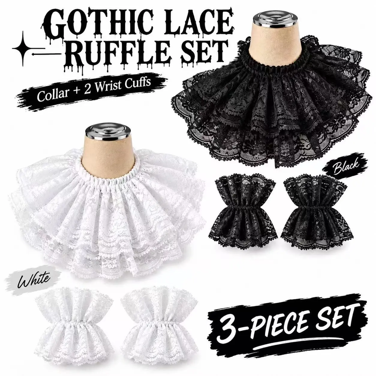 Gothic Lace Ruffle Collar & Wrist Cuffs Set, Victorian Clown Costume Accessories, Halloween Cosplay Costume Neck Collar for Women goth cosplay accessories Halloween costume accessories