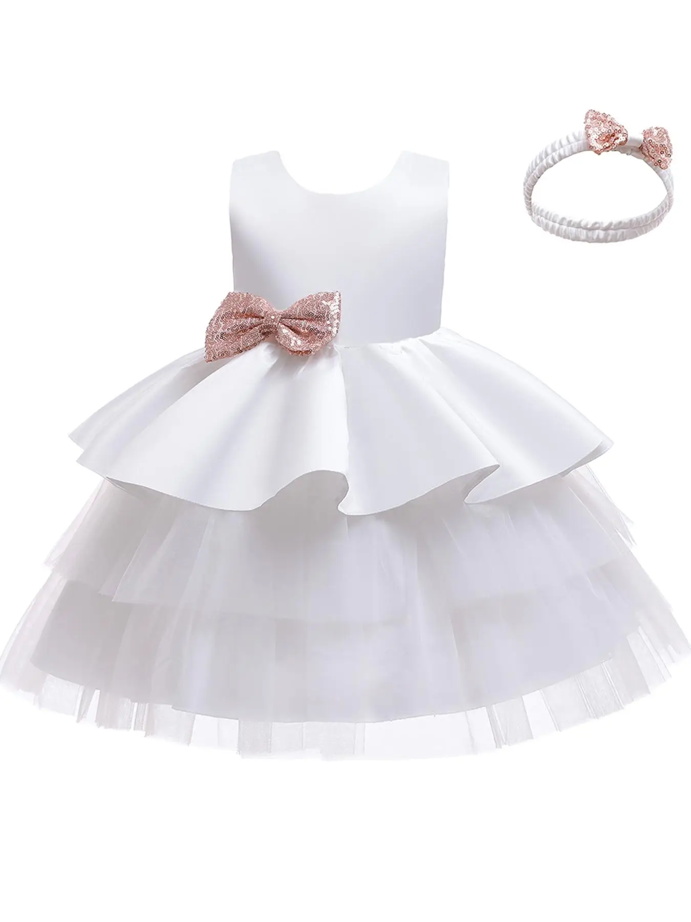 Sequins Bow Kids Clothes with Headband Flower Girl Ball Gown Pageant Children Elegant Performance Princess Prom Host Formal Evening Party Cocktail Dre