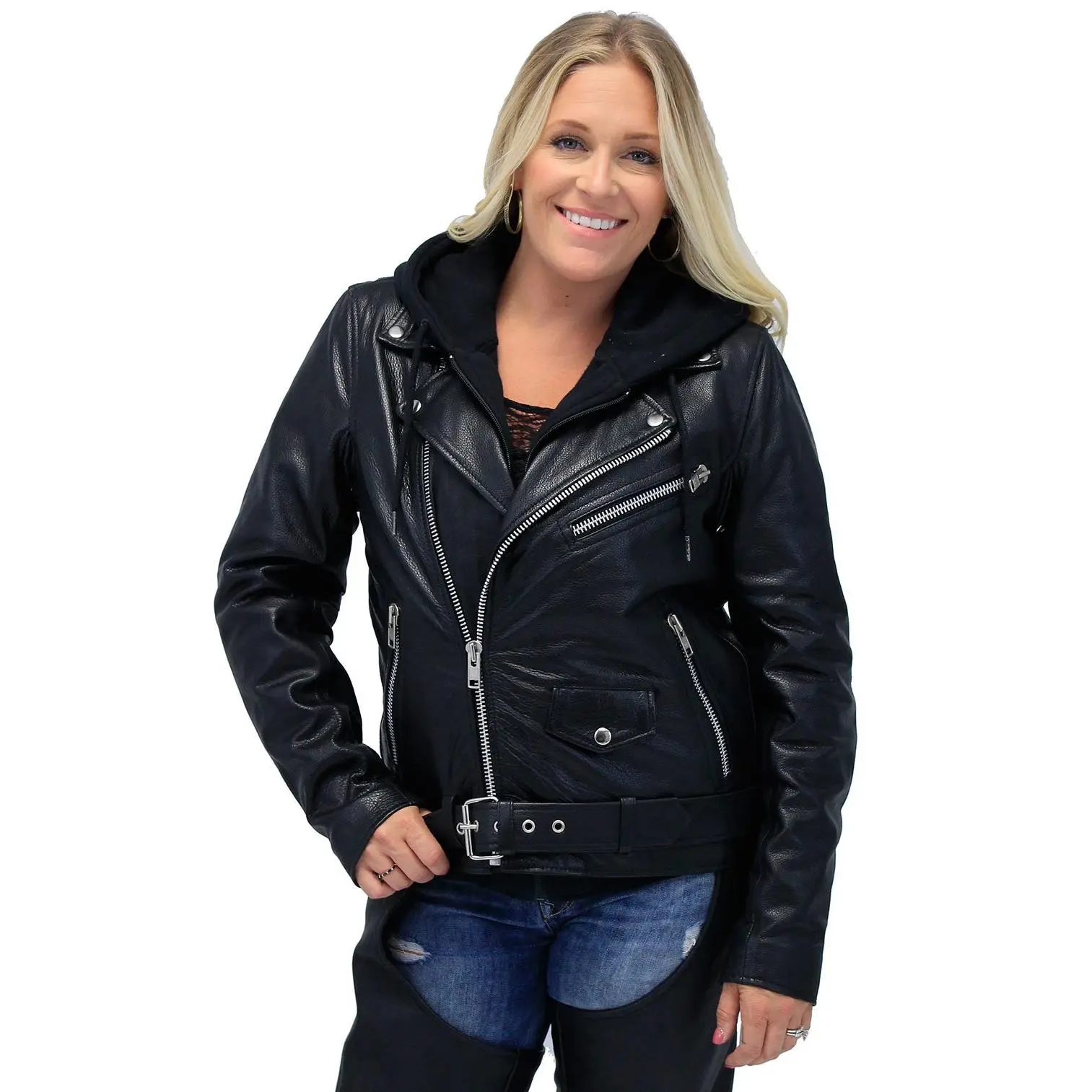 JAMIN LEATHER® Women's Ultra Premium Leather Motorcycle Jacket with Hoodie #L185NHGK - Fitted, Long Sleeve, Dual Pockets, Removable Hood, Black Cowhide, Sizes S-3X