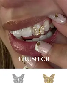 CRUSH CR Minimalist 18K Gold Plated Iced Out Butterfly Tooth Grillz Cap Set for Women Elegant Butterfly Design with CZ Accents, Hypoallergenic Removable Perfect for Daily Street Style Brunch Dates Festival Looks Casual Hangouts Timeless Y2K Dental Jewelry