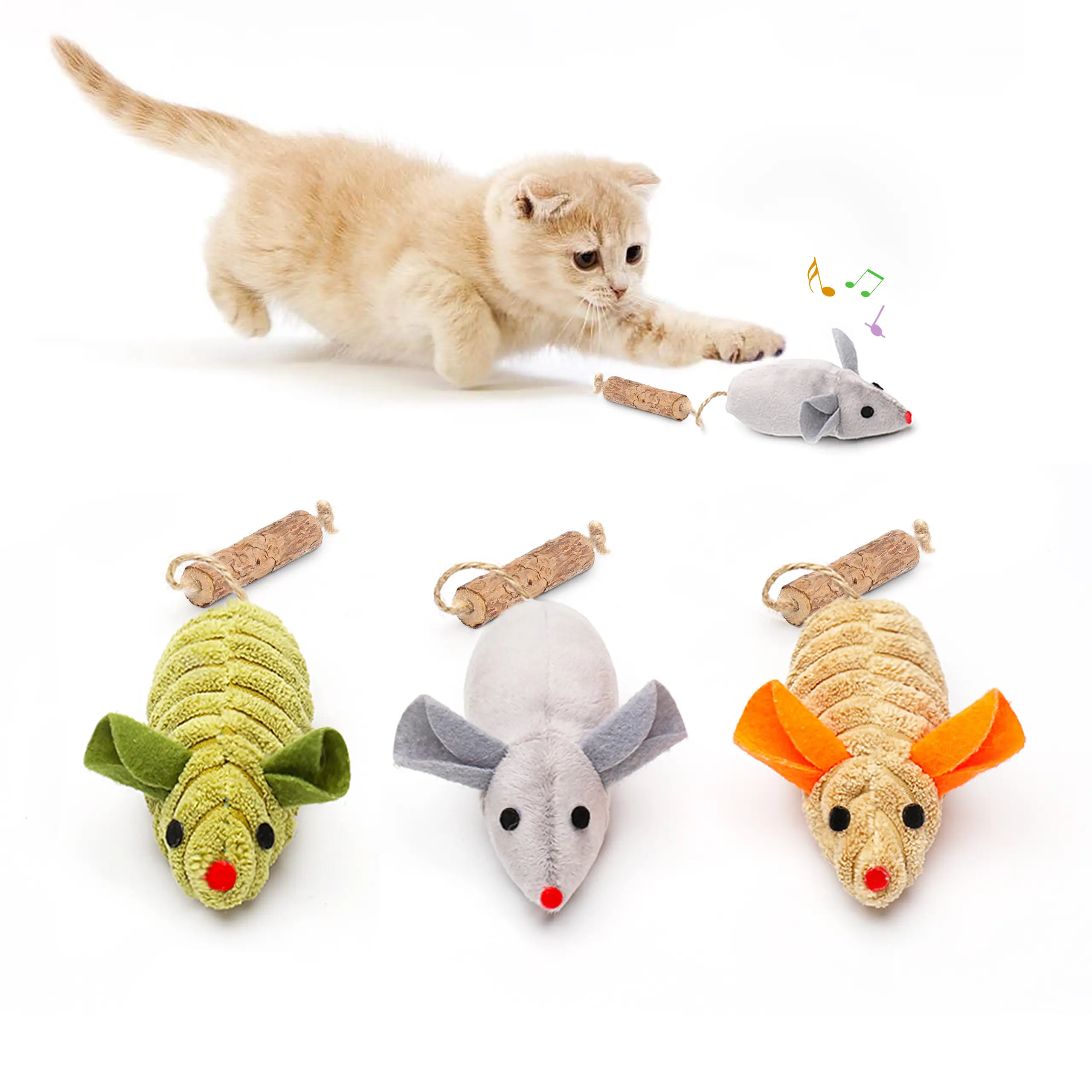 Potaroma Cat Toys 3Pcs Squeak Mice, Interactive Silvervine Animals Toys for Indoor Kittens, Dental Chirping Toy, Cat Chew Exercise Toy