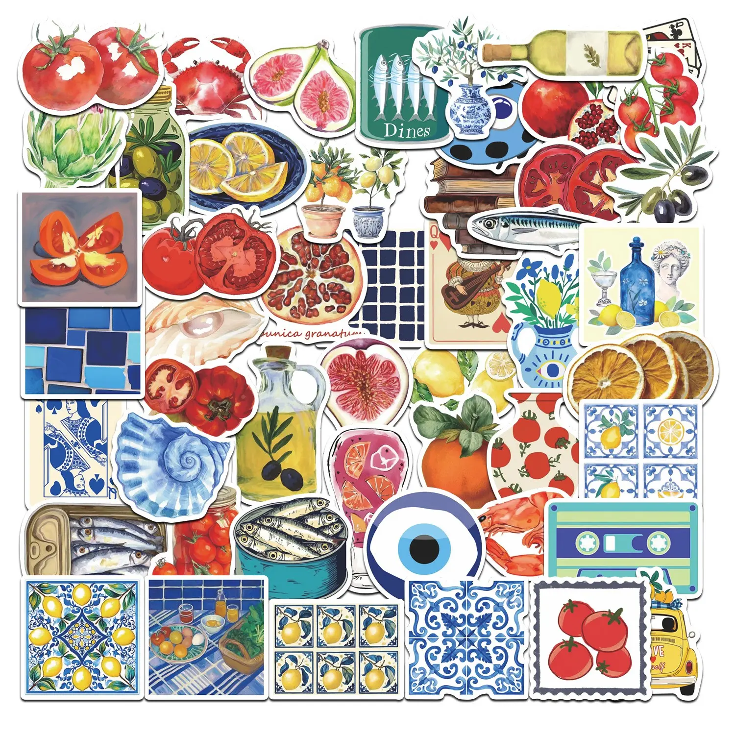 50pcs Mediterranean Aesthetic Stickers Pack, Waterproof Vintage Tile & Food Decals for Laptop, Water Bottle, Journal & Scrapbook, Summer Gift, Sticker Packs