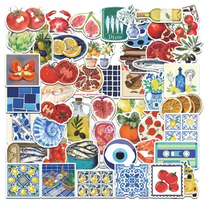 50pcs Mediterranean Aesthetic Stickers Pack, Waterproof Vintage Tile & Food Decals for Laptop, Water Bottle, Journal & Scrapbook, Summer Gift