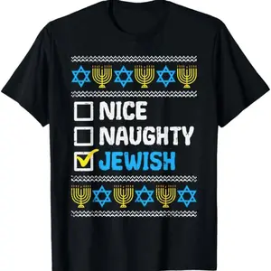 100% Cotton Nice Naughty Jewish Ugly Hanukkah Sweater Chanukah Jew Gift Short Sleeve T-Shirt USY