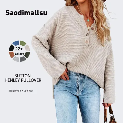 Saodimallsu Women's Oversized Acrylic Blend Knitting Top - Long Sleeves, V-Neck, Button-Front, Batwing Sleeves, Loose Cut, Medium Length Henley Pullover, Plain Boho Casual Basic Top, Hand Wash Only, Ideal for Thanksgiving, Valentines Day