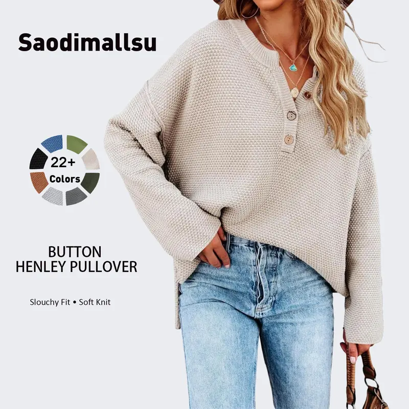 Saodimallsu Women's Oversized Acrylic Blend Knitting Top - Long Sleeves, V-Neck, Button-Front, Batwing Sleeves, Loose Cut, Medium Length Henley Pullover, Plain Boho Casual Basic Top, Hand Wash Only, Ideal for Thanksgiving, Valentines Day