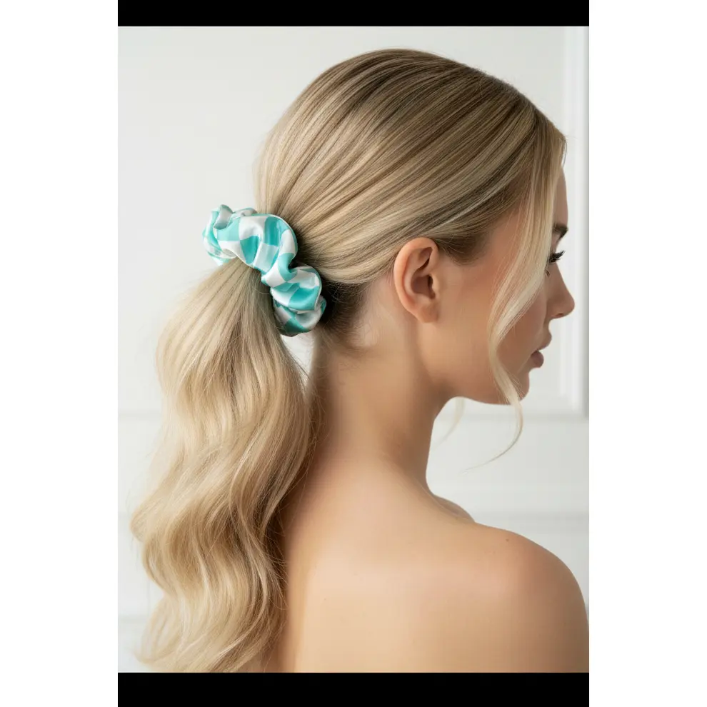 Turquoise Checkered Scrunchie Hairwraps Hair Rubber Bands