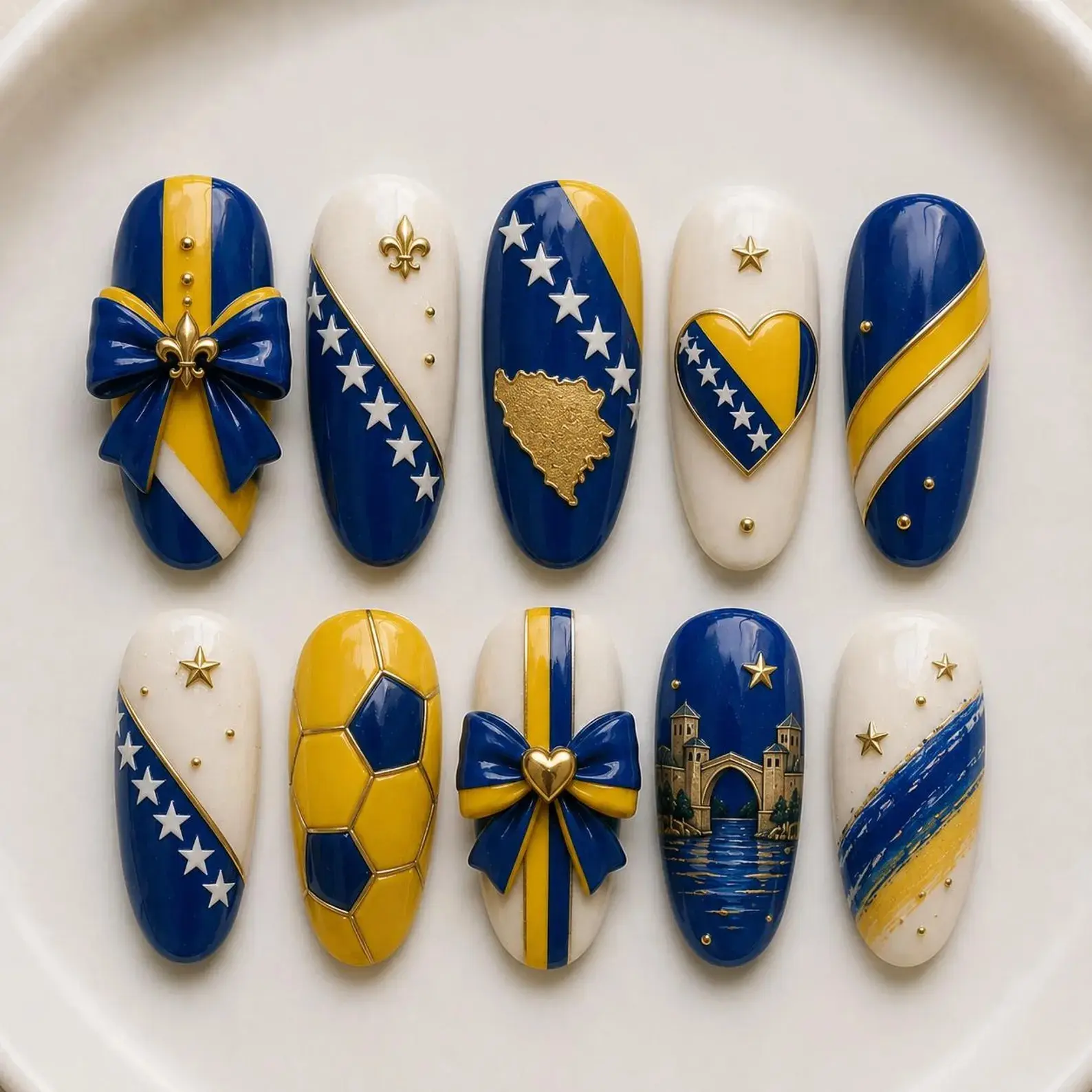 Pernell Home Bosnia Celestial Press-On Nails, Blue Gold Star Design, Pearl Chain & Metallic Accent Details, Elegant European Inspired Handmade Nail Art, Luxury Glam Press Ons
