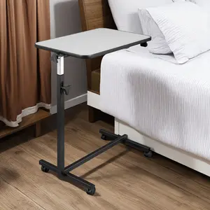 Adjustable Tilting Overbed Table - Mobile Bedside Table with Lockable Wheels for Laptop, Eating & Reading, Silver Grey