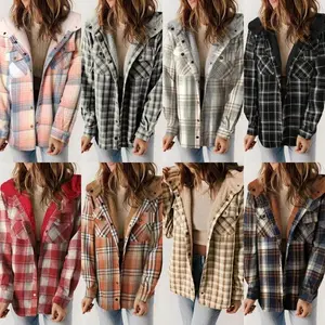 Women'sPlaidFashionFleeceCoatsWinterWarmHoodedFleeceJacketsAllMatchCasualOutwearLargeSizeLooseComfortableCoat