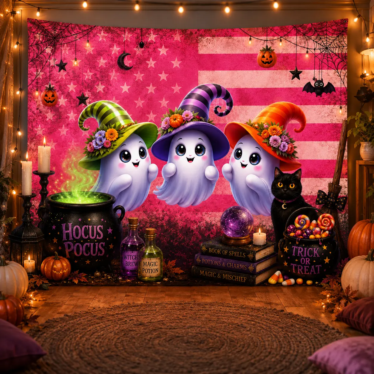 Personalized Halloween Tapestry Custom Photo Wall Hanging Pink Ghost Witch Room Decor Party Background Gift