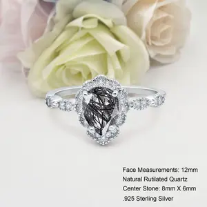 Art Deco Teardrop 1.25 Carat Natural Rutilated Quartz Bridal Band Women Wedding Engagement Pear Shape Ring 925 Sterling Silver 12mm