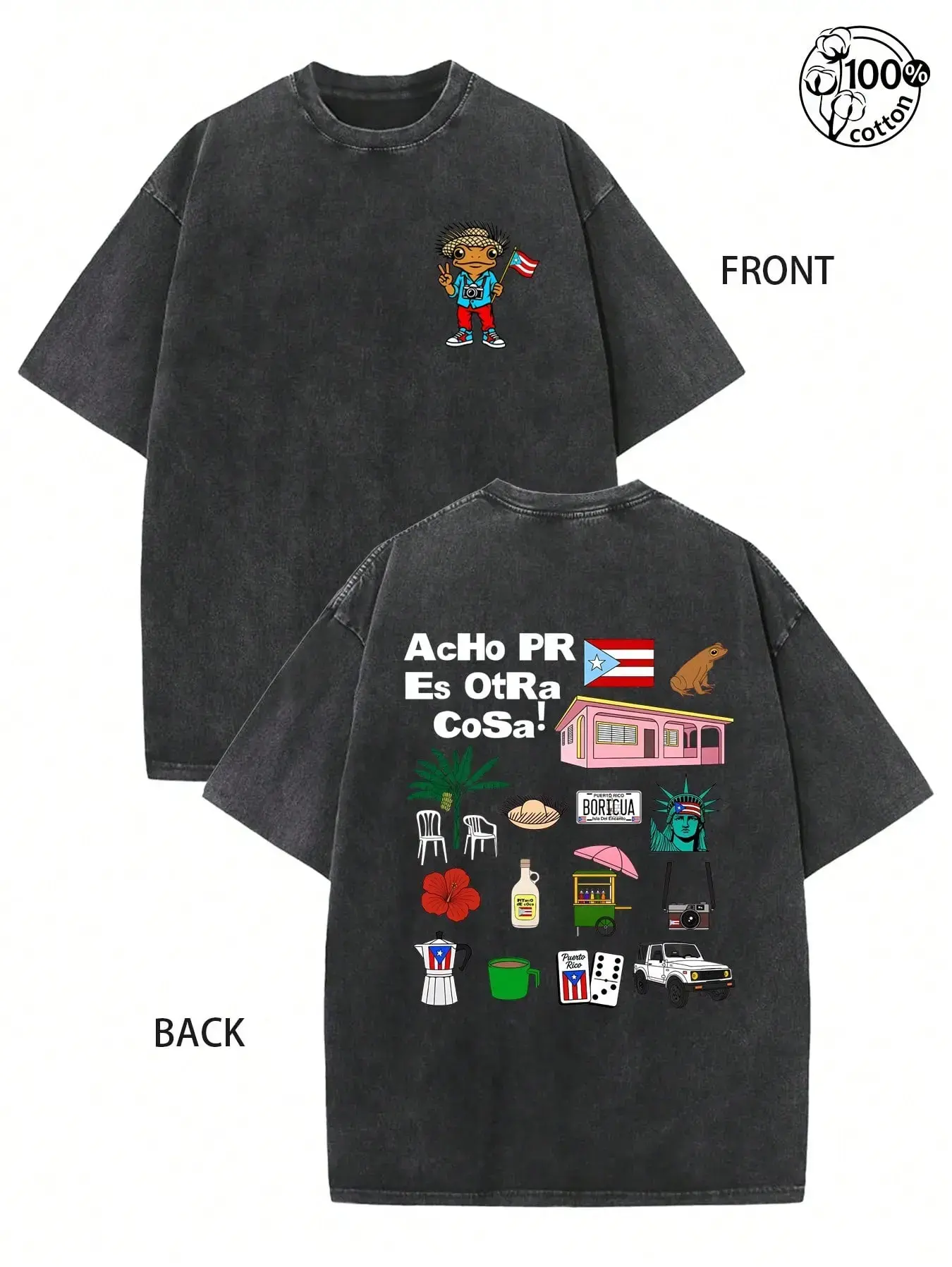 Vintage Puerto Rico "AcHo PR Es Otra Cosa!" Boricua Coqui Frog Washed Black T-Shirt, Oversized Cotton Tee with Iconic PR Symbols, Front & Back Print Puerto Rican Pride Casual Crewneck