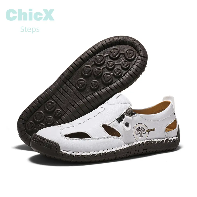 ChicX Men's & Boys' Stitched Upper Round Toe Slide Sandals - Casual Slip-On Strap Lightweight Walking Shoes, Breathable Rubber Sole Outdoor Footwear (White)