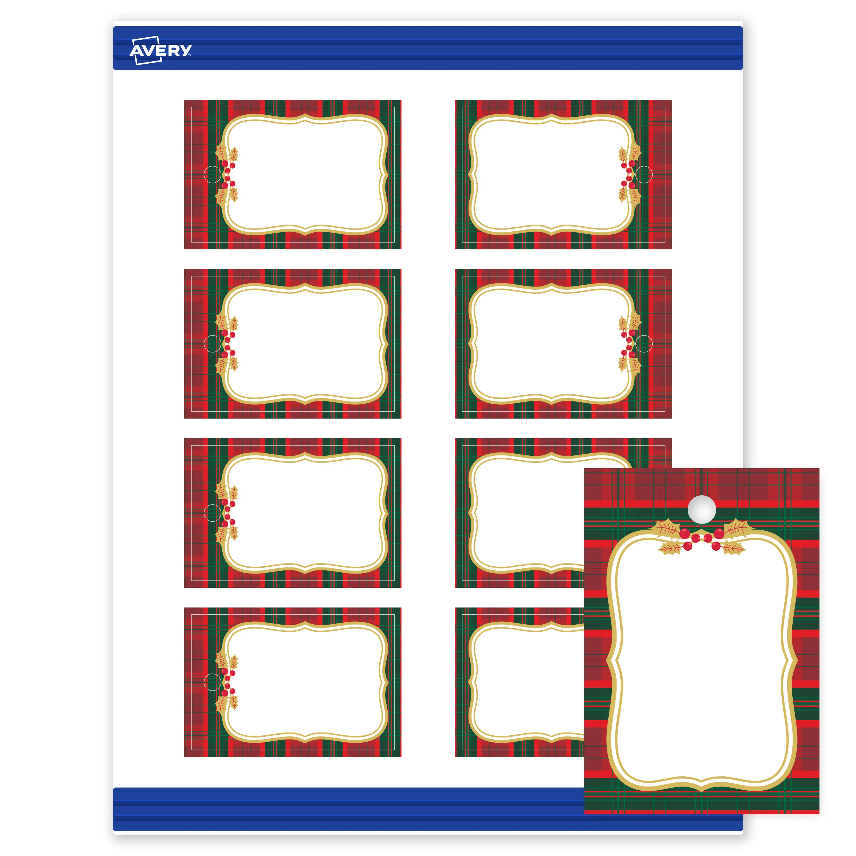 Avery® Printable Christmas Rectangle Tags, 2" x 3", Matte White, Pre-printed Plaid Border/Metallic Gold Frame Design, Sure Feed® Technology, Laser & Inkjet Compatible, 160 Total