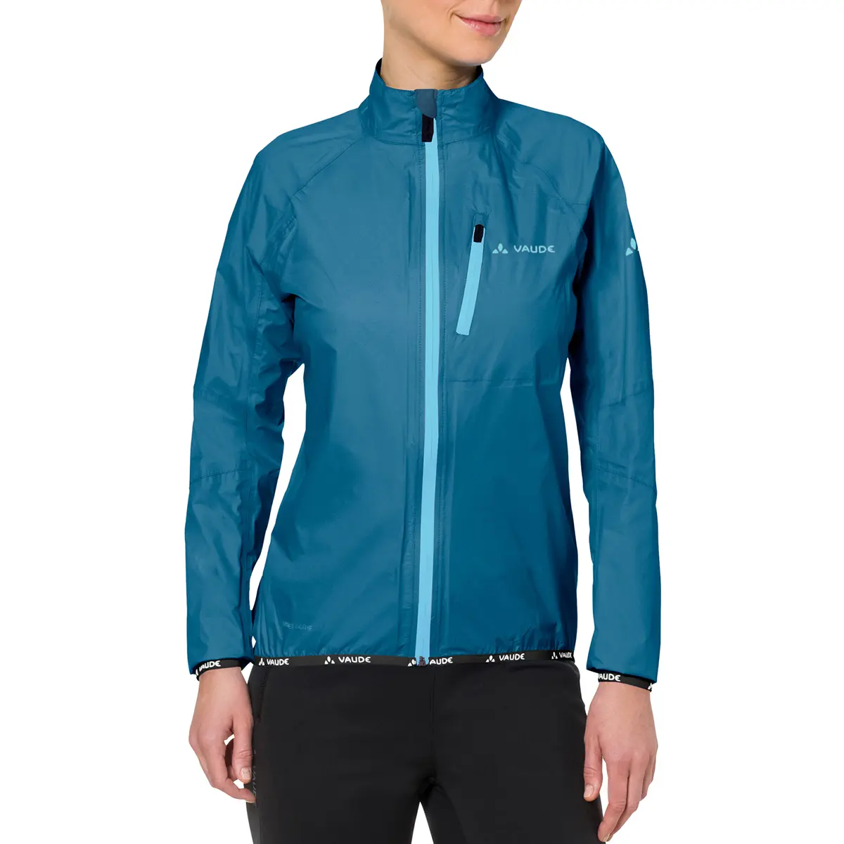 VAUDE Women's Drop 3 Water-Resistant Rain Jacket - Lightweight, Packable, Breathable, Eco-Friendly Polyamide Solid Color Bluesign Certified Lady Athletic Basic Activewear Workout Sportswear for Biking - Kingfisher