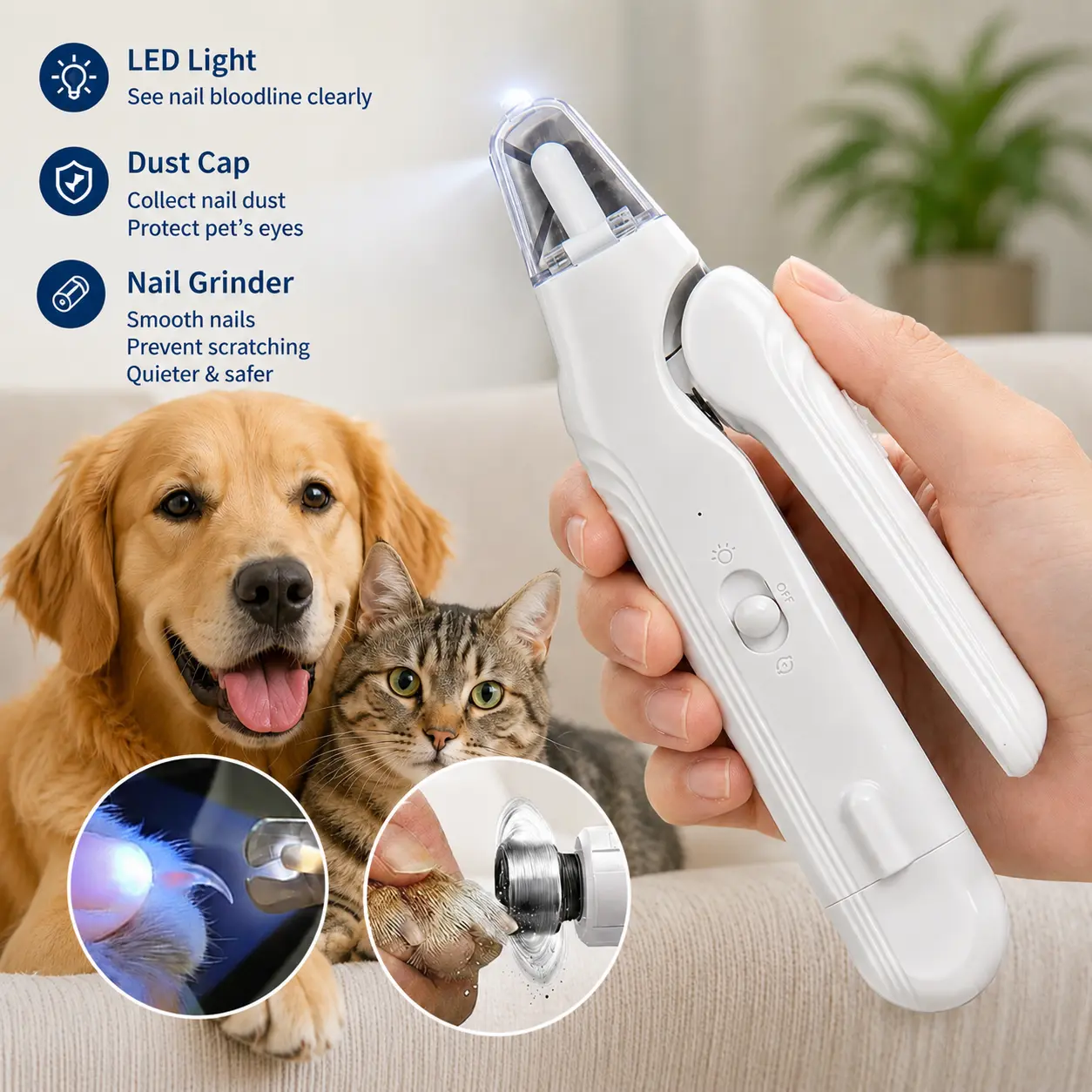 2-in-1 Pet Nail Clip & Grind Tool - Quiet Rechargeable Cordless Stainless Steel Device with LED Light, Sharp Blades, ABS Build, All Sizes Fit, Dust-Cap Safety, Smooth Finish, Precise Nail Trim, Accurate Trimming, Batteries for Dogs & Cats
