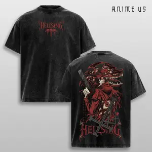 Alucard Hellsing Ultimate Vampire King Red Aesthetic Double Printed Vintage Washed Tee Unisex Oversize Heavyweight Cotton T-shirt Gift For Anime Fan