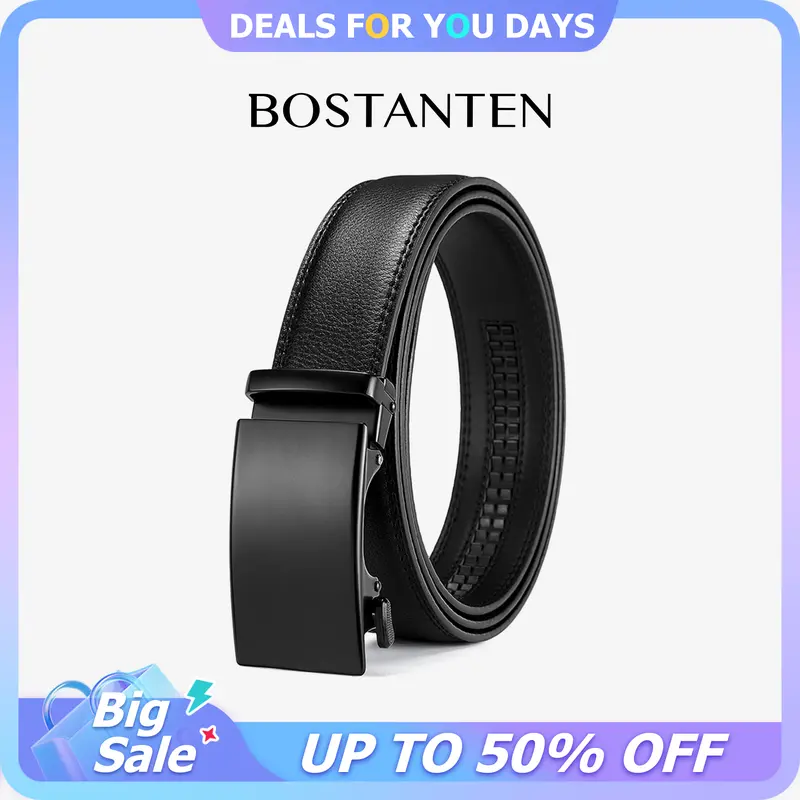 【Father's Day Gift】BOSTANTEN Men's Leather Ratchet Belt with Snaptenbelt Design, Adjust-Fit Automatic Easy-Release Belt Closure, Adjustable Buckle, Designer Style for Dress & Casual Wear, Gifts for Him, Men's Accessories, Mens Gifts, Accessories Adults