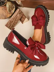 Women's Fashionable Leather Loafers, Bow - Detailed & Chunky Sole, Comfortable Footwear, Anti - Slip Rubber Sole, Ideal for Daily Errands and Casual Walks, Trendy Round - Toe Shoes, Bowknot Design Shoes