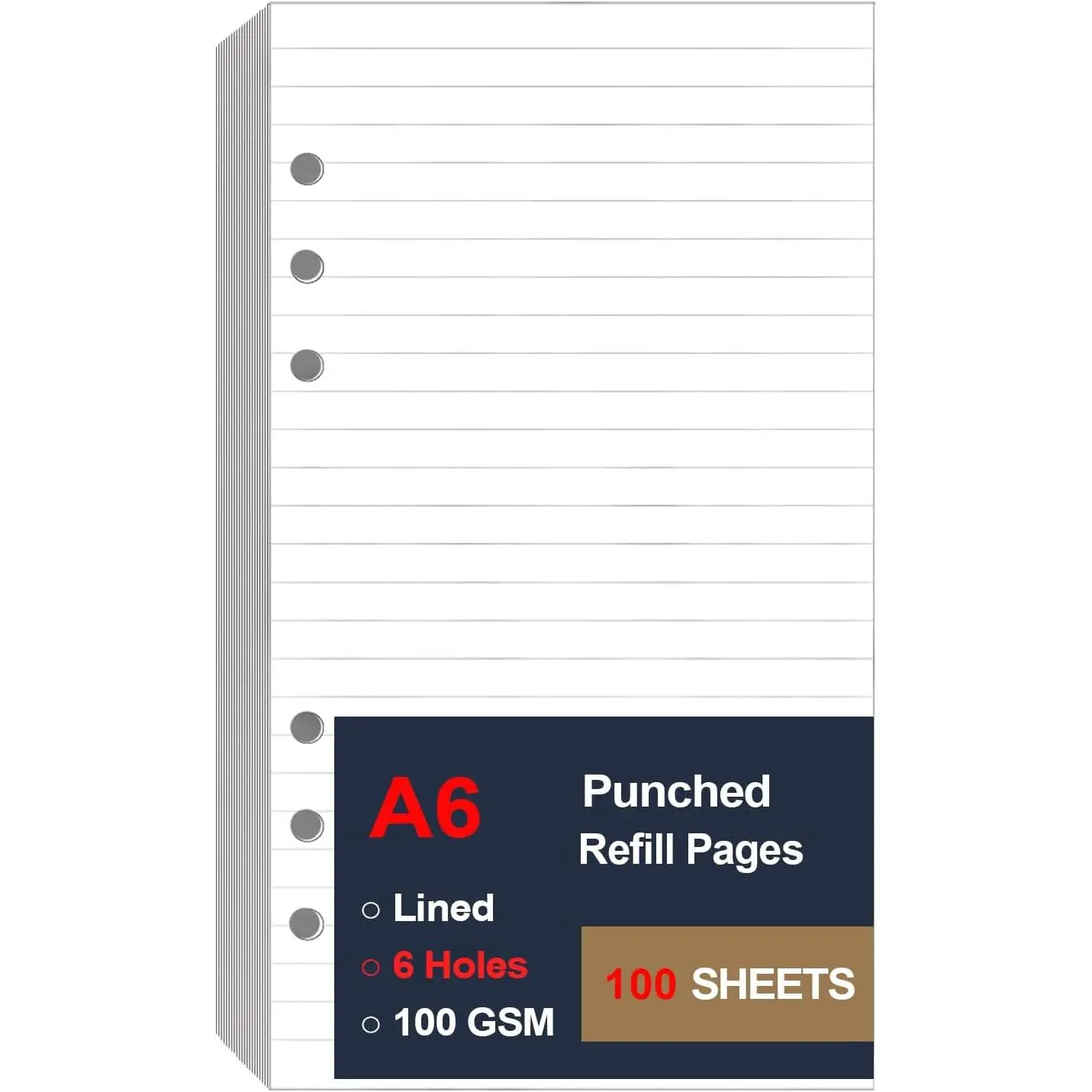 A6 Lined Paper Refill 6 Ring, A6 Filler Paper for Filofax Personal Binder Planner, 100gsm Ruled Pages, 6 Hole Punched, 100 Sheets/200 Pages, 3.75 x 6.75 Inch