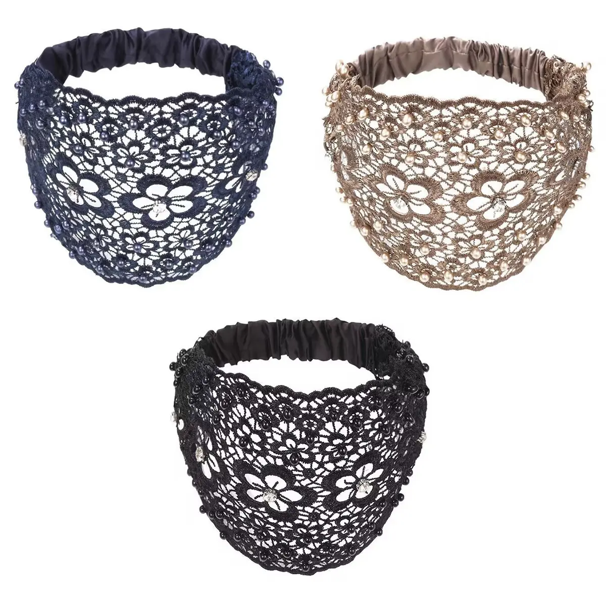 Women's 3-Pack Wide Boho Hollow Lace Headbands with Faux Pearl Decor, Elegant Black Hair Styling Accessories by DealsforYouToday, Headbands For Women