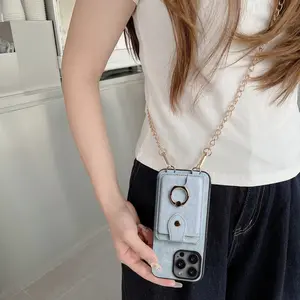 Trendy Blue Denim Design Faux Leather Wallet Case Compatible with for Iphone 17, 16, 16E, 15, 14 Plus, 13, 12, 11 Pro Max, Featuring a Card Holder And Long Metal Crossbody Chain