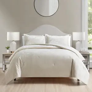Luxury   Comforter Set, 3 count Reversible Comforters  Size with 2 Pillow Shams, Brushed Solid Microfiber ,  Season Cozy, Soft, Warm, Lightweight (Beige, 104x90 Inch)