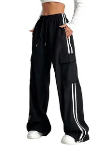 Women's Cargo Pants Baggy Straight Wide Leg Track Pants Striped Joggers with Pockets Athletic Streetwear