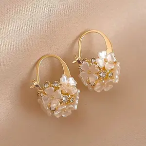 LisiZen Forest Style Flower Diamond Inlaid Round Ball Earrings Korean FashionDesigner Clip-on Earrings Light Luxury Jewelry for Women DZEH5395