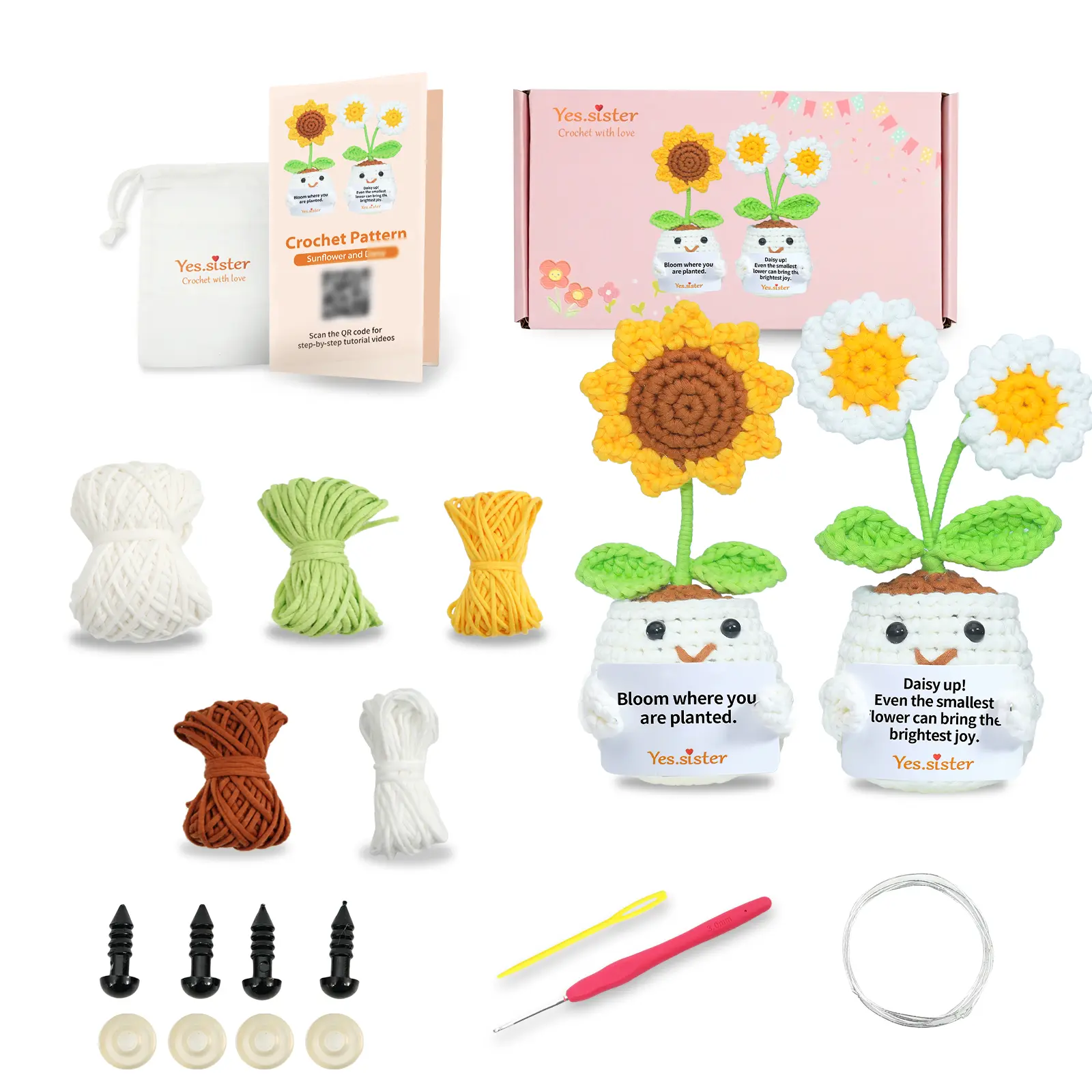 DIY Crochet Kit for Beginners - Sunflower & Daisy Potted Plant with Cotton Yarn, Video Tutorials & Printed Pattern, Handmade Home Decor & Gift