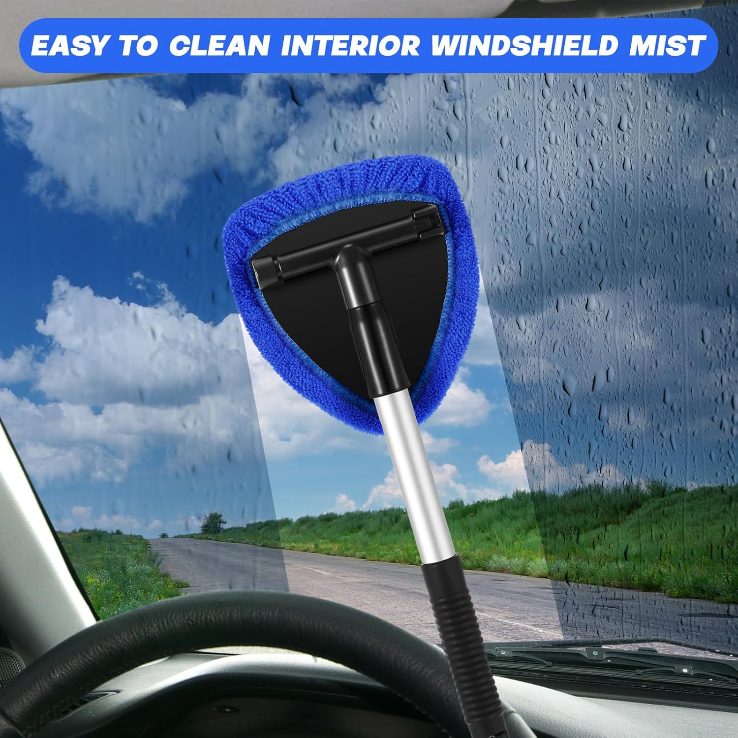 Windshield Cleaning Tool, Microfiber Car Window Cleaning Tool with 4 Reusable,Washable Microfiber Pads,Extendable Handle,Auto Interior Exterior Glass Wiper Car Glass Cleaner Kit,Car Cleaning Supplies