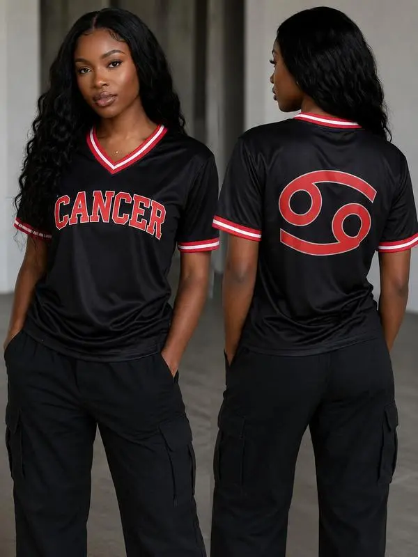 [Multiple Colors] Cancer Zodiac Jersey - Unisex V-Neck Astrology Breathable Athletic Jersey | Front & Back Summer Design Sports Wear Set | Unique Gift Ideas for Girls & Couple Outfits T-Shirt