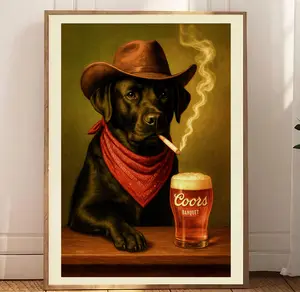 Dogs Cowboy Cowgirl Hat Print, Owned Dogs Neutral Aesthetic Vintage Art, Trendy Funky Western Art Wall Art, Unique Gift for Men Dad frameless