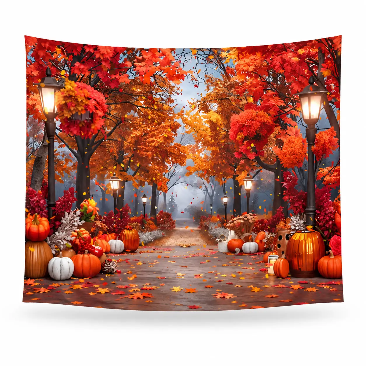 Autumn Maple Grove Backdrop with Pumpkin Path - Polyester Thanksgiving Photo Banner
