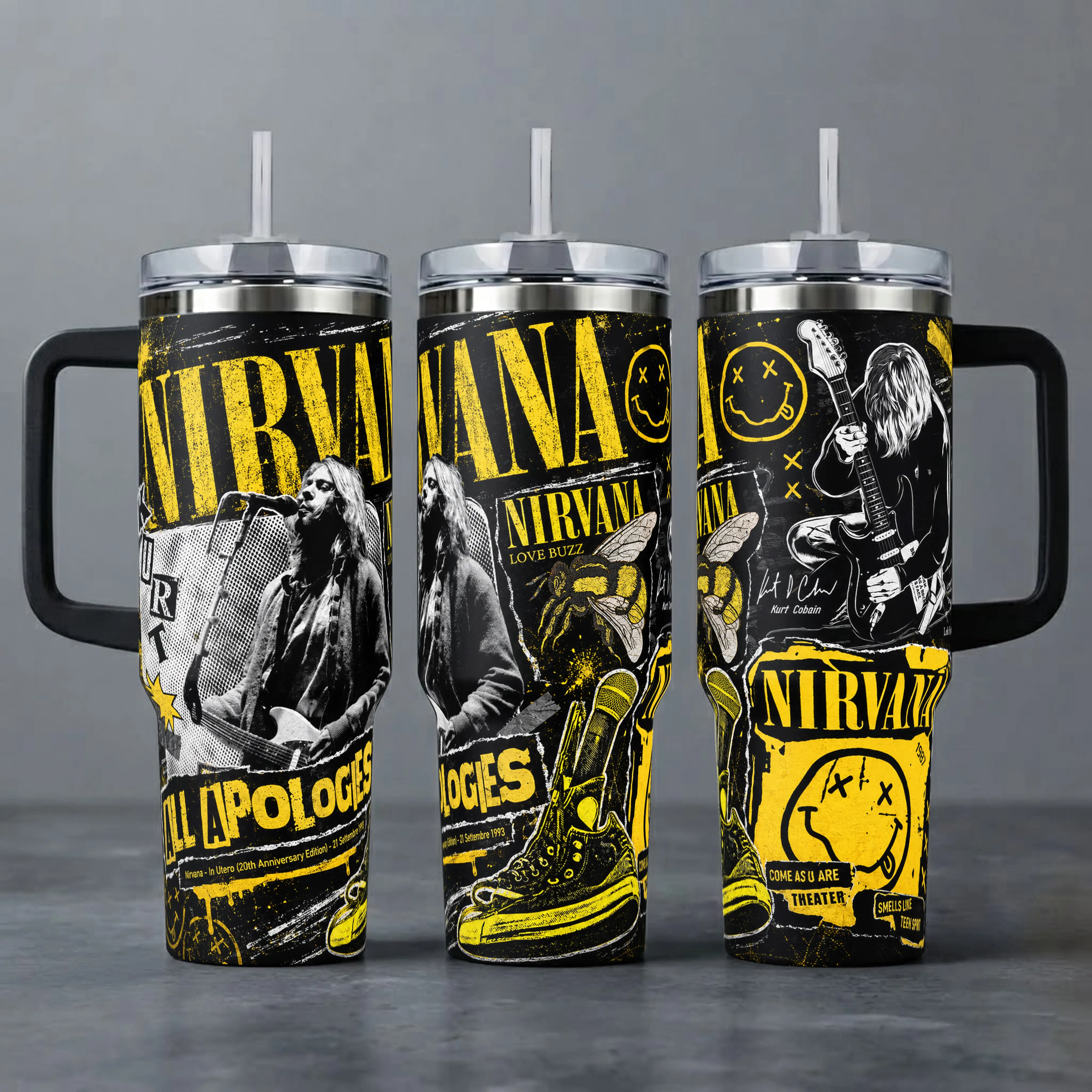Nirvana Band Tumbler, 20oz & 40oz Insulated Travel Mug with Handle & Straw. All Apologies Kurt Cobain Grunge Rock Music Cup, Heavy Metal Fan Merchandise, Perfect Gift for Music Lovers and Concert Enthusiasts