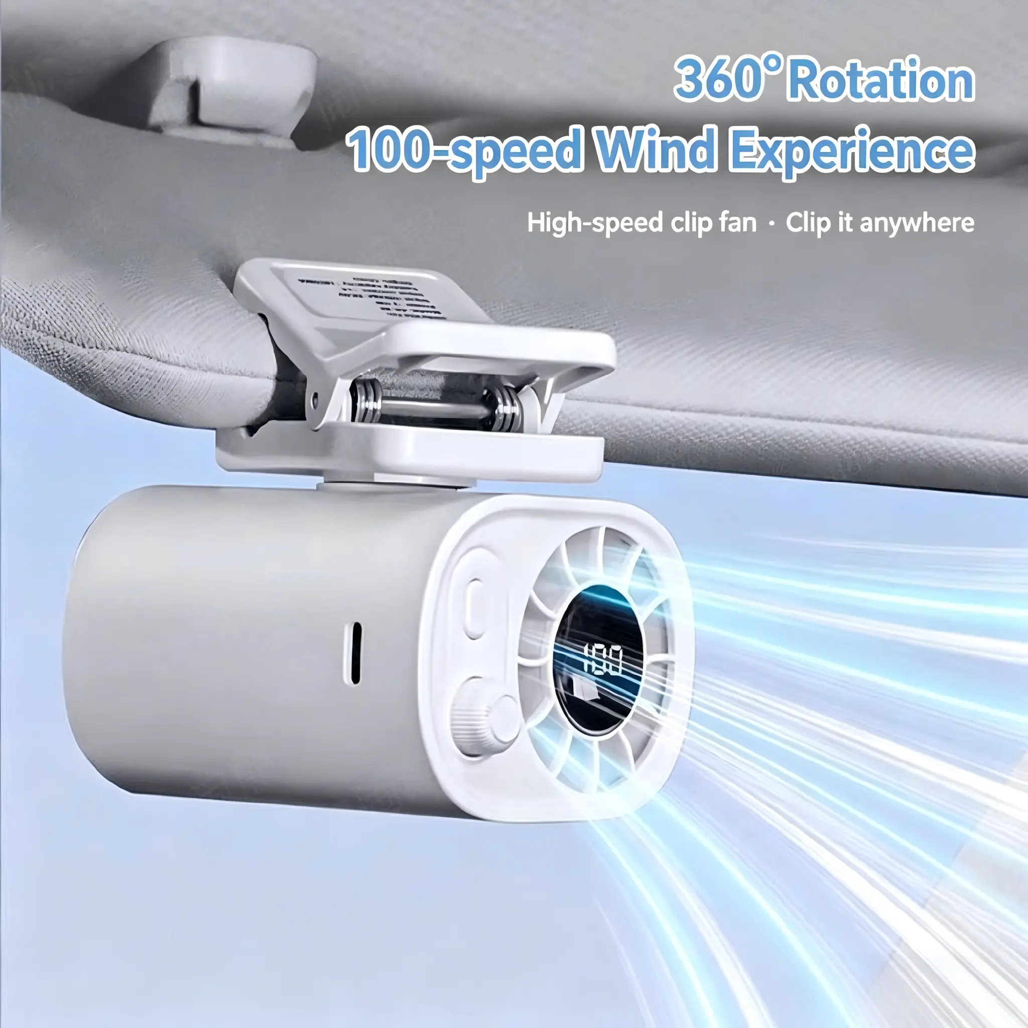 Motorhome Clip-On Adjustable Multifunctional Cooling Fan - Cordless Rechargeable, Compact, Lightweight, Battery-Powered (Batteries Included), LED Digital Display, 360° Rotatable for Car, Camping